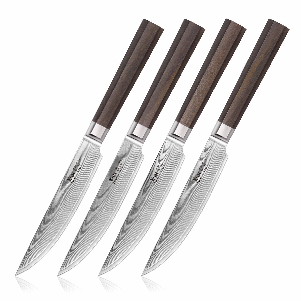MAYA SERIES 4-PIECE STEAK KNIFE SET WITH WALNUT BOX, HIGH CARBON X-7 DAMASCUS STEEL