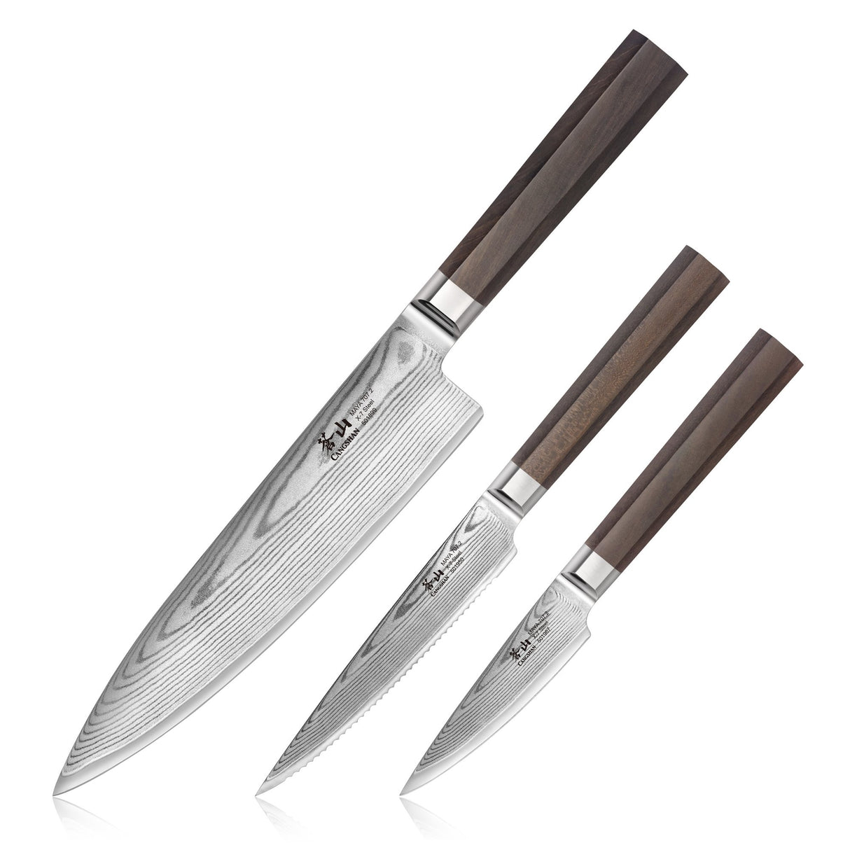 MAYA 3-PIECE STARTER KNIFE SET WITH WALNUT BOX, HIGH CARBON X-7 DAMASCUS STEEL