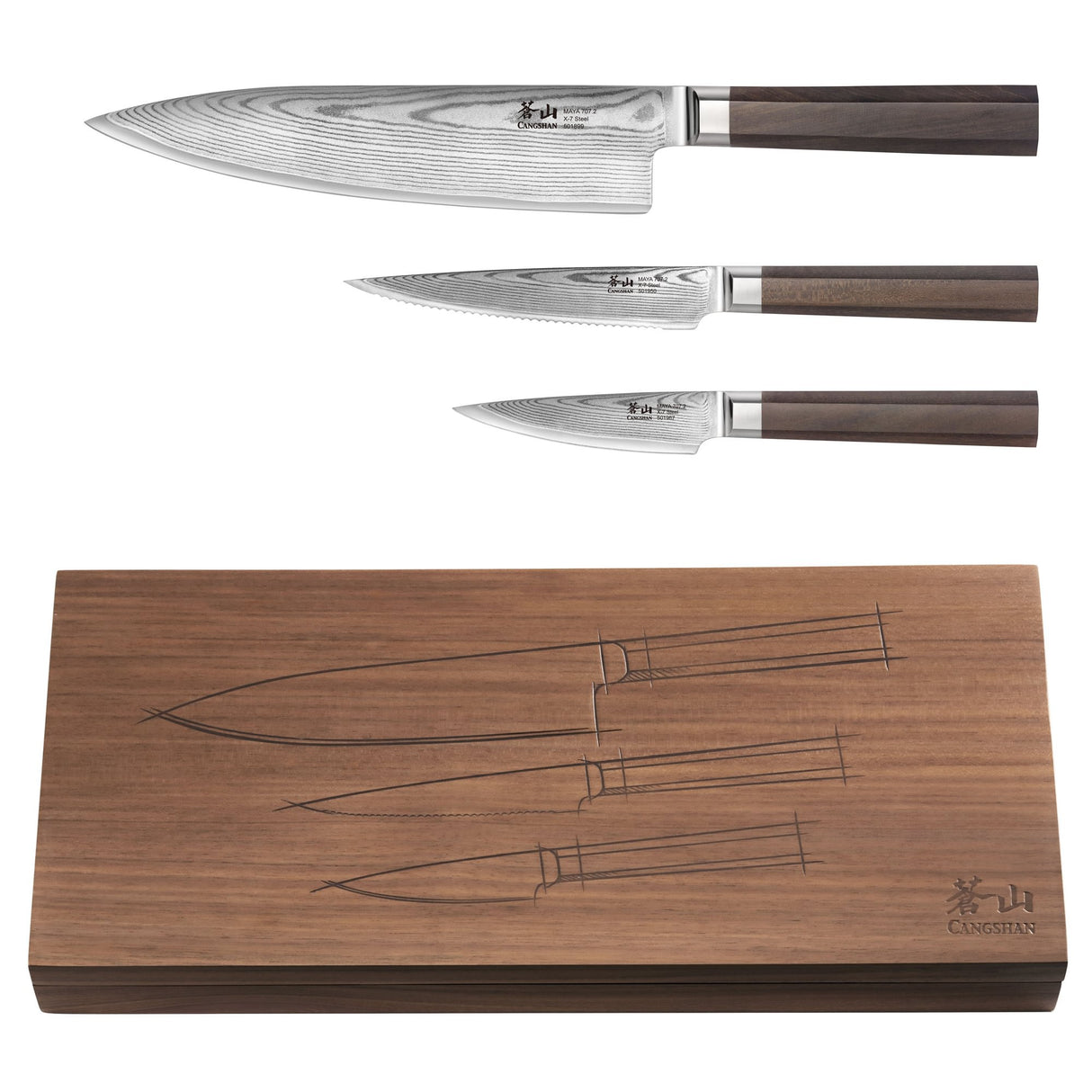MAYA 3-PIECE STARTER KNIFE SET WITH WALNUT BOX, HIGH CARBON X-7 DAMASCUS STEEL