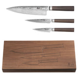 MAYA 3-PIECE STARTER KNIFE SET WITH WALNUT BOX, HIGH CARBON X-7 DAMASCUS STEEL