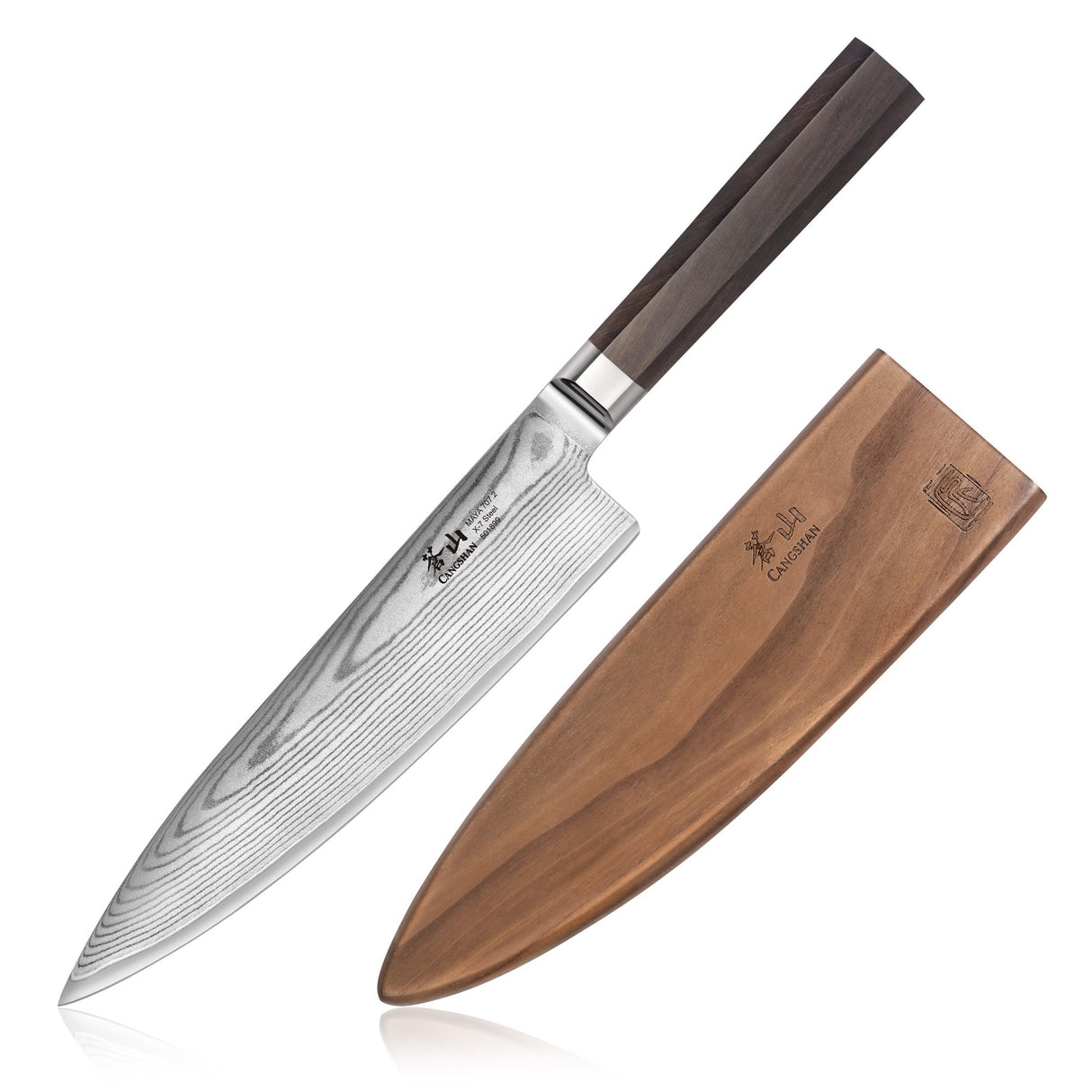 MAYA SERIES 8" CHEF'S KNIFE WITH SHEATH, HIGH CARBON X-7 DAMASCUS STEEL
