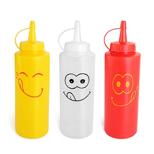 New Star Foodservice 28560 Smiley Faces Squeeze Bottle Set, Plastic, Red, Yellow, and Clear, 12 oz