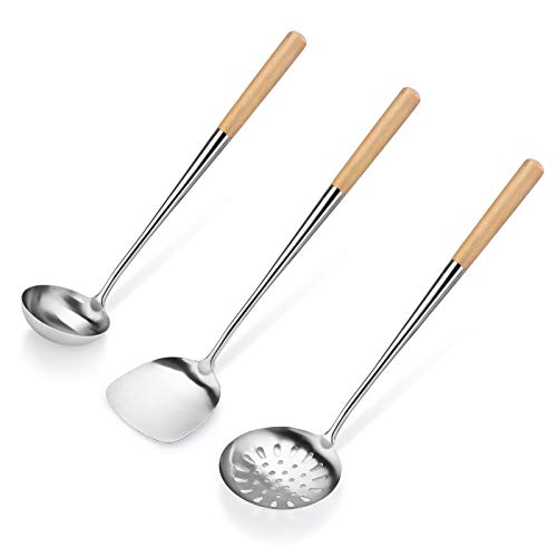 New Star Foodservice 1028737 Commercial-Grade Stainless Steel Specialty Chinese Wok Utensil Set, Spatula, Solid and Perforated Ladle, 16-Inch, 17-Inch, 17-Inch (Hand Wash Recommended)