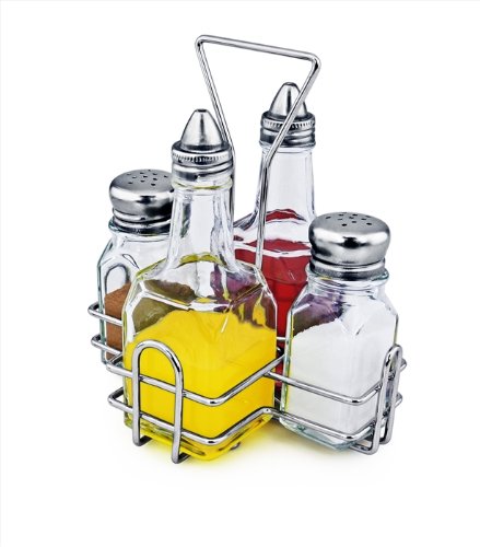 New Star Foodservice 22209 Holder with 2 Square Salt and Pepper Shakers and 2 Oil and Vinegar Cruets