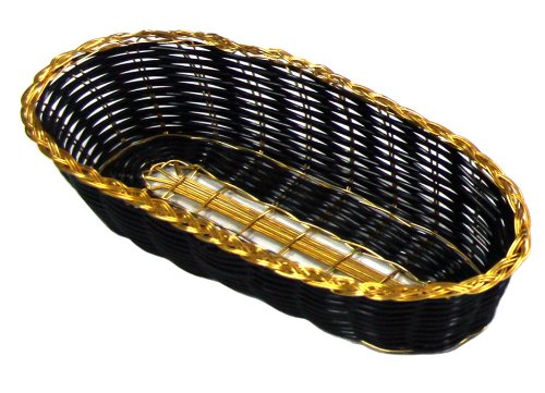 New Star Foodservice 44249 Polypropylene Oblong Hand Woven Food Basket (Set of 12), 9" x 4.25" x 2", Black with Golden Trim