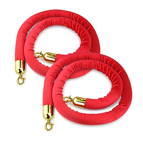New Star Foodservice 54750 Red Velvet Stanchion Rope with Gold Color Plated Hooks, 79.5-Inch, Set of 2