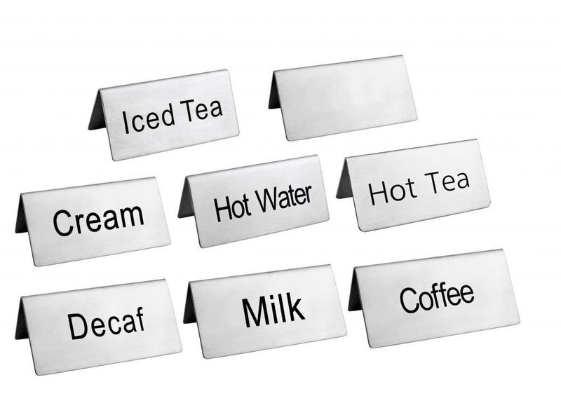 New Star Foodservice 27402 Stainless Steel Table Tent Sign Combo, Includes (Coffee), (Decaf), (Hot Tea), (Iced Tea), (Hot Water), (Milk), (Cream), and (Blank), 3"x 1.5", Combo Set of 8