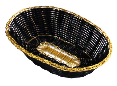 New Star Foodservice 44256 Polypropylene Oval Hand Woven Food Basket (Set of 12), 9" x 6.25 x 2.25", Black with Golden Trim