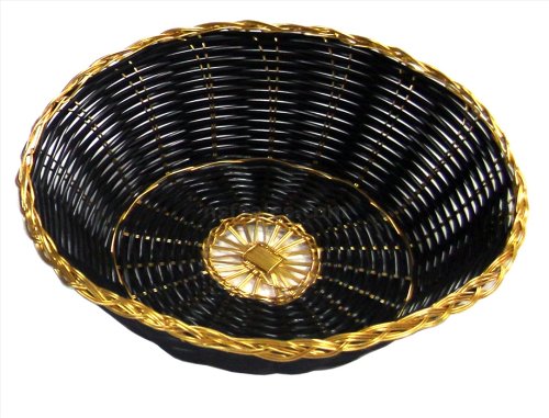 New Star Foodservice 44232 Polypropylene Round Hand Woven Food Basket (Set of 12), 8" x 2.5", Black with Golden Trim
