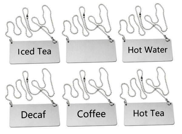 New Star Foodservice 27549 Stainless Steel Table Tent Chain Sign Combo, Includes (Coffee), (Decaf), (Hot Tea), (Iced Tea), (Hot Water), and (Blank), 3.5"x 1.5", Combo Set of 6