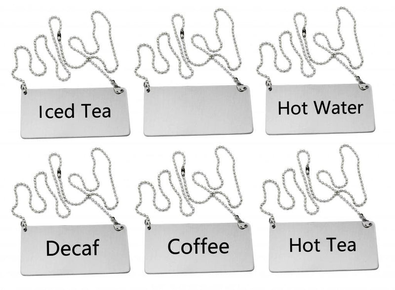 New Star Foodservice 27549 Stainless Steel Table Tent Chain Sign Combo, Includes (Coffee), (Decaf), (Hot Tea), (Iced Tea), (Hot Water), and (Blank), 3.5"x 1.5", Combo Set of 6