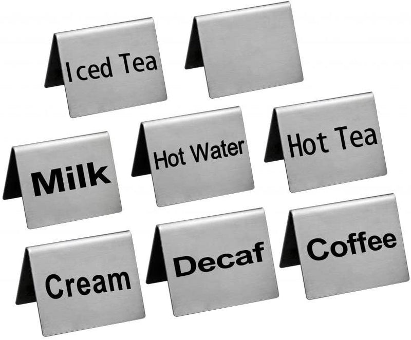 New Star Foodservice 27211 Stainless Steel Table Tent Sign Combo, Includes"Coffee","Decaf","Hot Tea","Iced Tea","Hot Water","Milk","Cream",and Blank, 2-Inch by 2-Inch, Combo Set of 8
