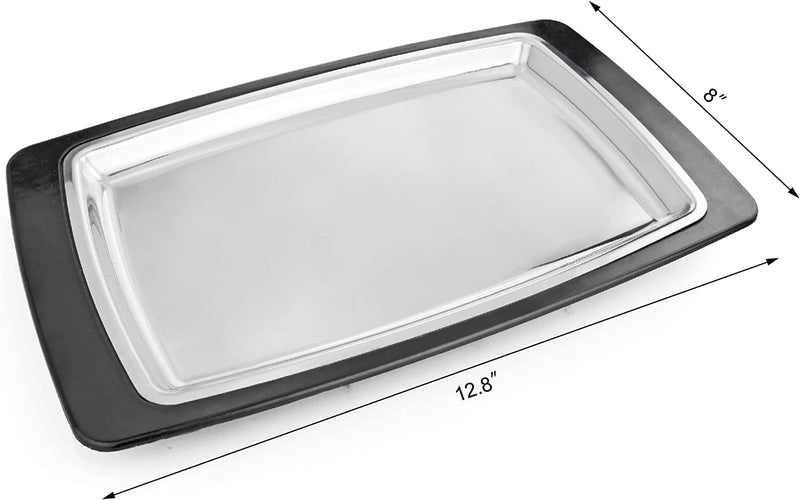 New Star Foodservice 26672 Rectangular Stainless Steel Sizzling Platter with Insulated Holder, 11" x 7.25", Black