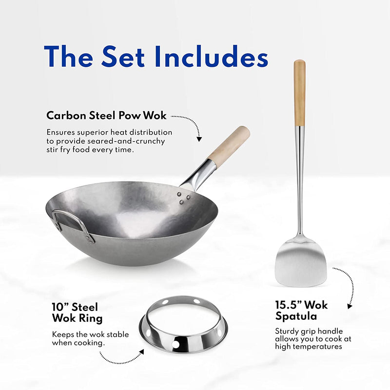 New Star Foodservice 1028720 Carbon Steel Pow Wok Set with Wood and Steel Helper Handle, Hand Hammered, Includes 14" Round Bottom Wok, Wok Rack/Ring, and Spatula (Hand Wash Recomended)