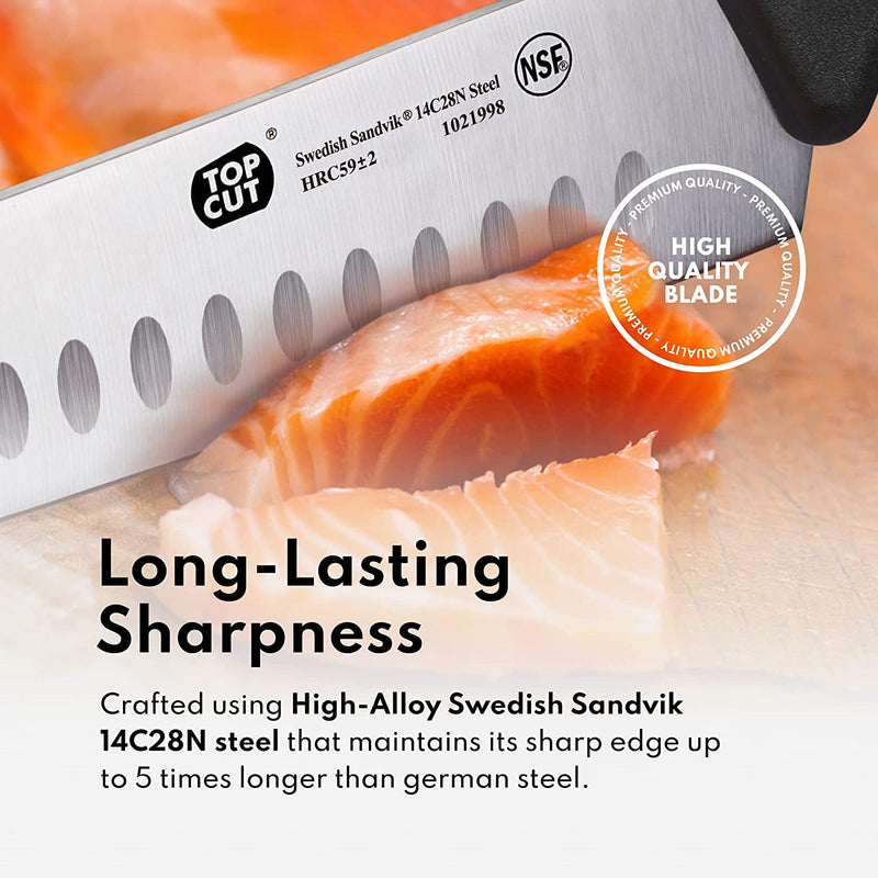 Top Cut By New Star Foodservice 1029246 Swedish Sandvik 14C28N Steel Santoku Knife, 7"