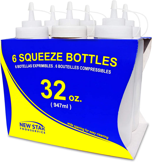 New Star Foodservice 26269 Squeeze Bottles Plastic, Wide Mouth with Caps, 32 oz, Clear, Pack of 6
