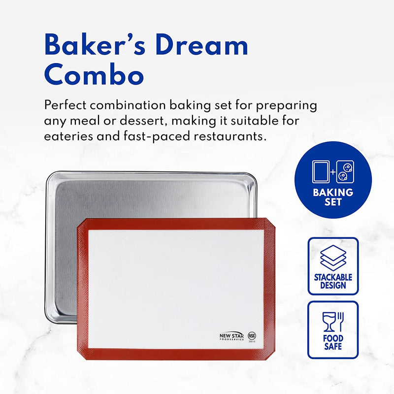 New Star Foodservice 38422 Commercial-Grade 18-Gauge Aluminum Sheet Pan/Bun Pan & Silicone Baking Mat Set, 9" L x 13" W x 1" H (Quarter Size)