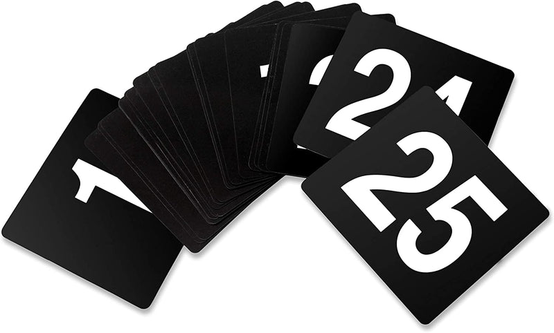 New Star Foodservice 23145 Double Side Plastic Table Numbers, 1 to 25, 4" x 4", Light Grey on Black