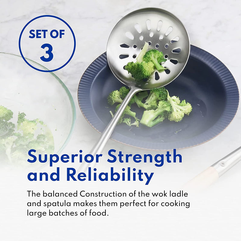 New Star Foodservice 1028737 Commercial-Grade Stainless Steel Specialty Chinese Wok Utensil Set, Spatula, Solid and Perforated Ladle, 16-Inch, 17-Inch, 17-Inch (Hand Wash Recommended)