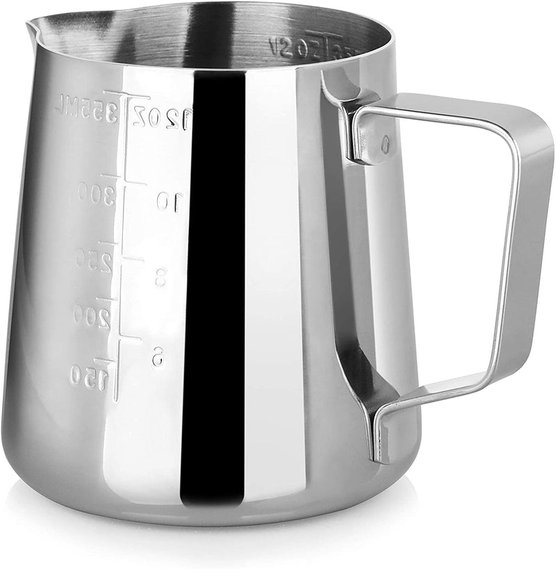 New Star Foodservice 28829 Commercial Grade Stainless Steel 18/8 12 oz Frothing Pitcher and Die Cast Aluminum Tamper Combo Set, Silver