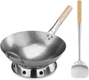 New Star Foodservice 1028720 Carbon Steel Pow Wok Set with Wood and Steel Helper Handle, Hand Hammered, Includes 14" Round Bottom Wok, Wok Rack/Ring, and Spatula (Hand Wash Recomended)
