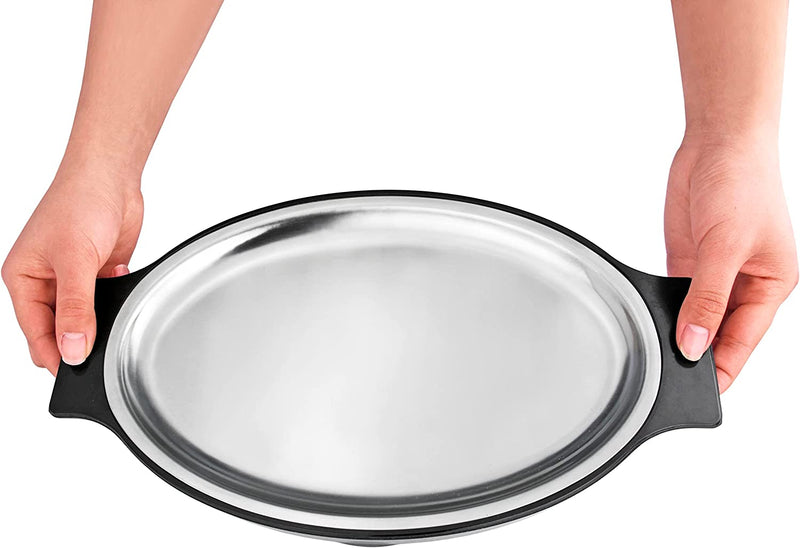 New Star Foodservice 26733 Oval Stainless Steel Sizzling Platter with Insulated Holder, 11.63" x 8", Black