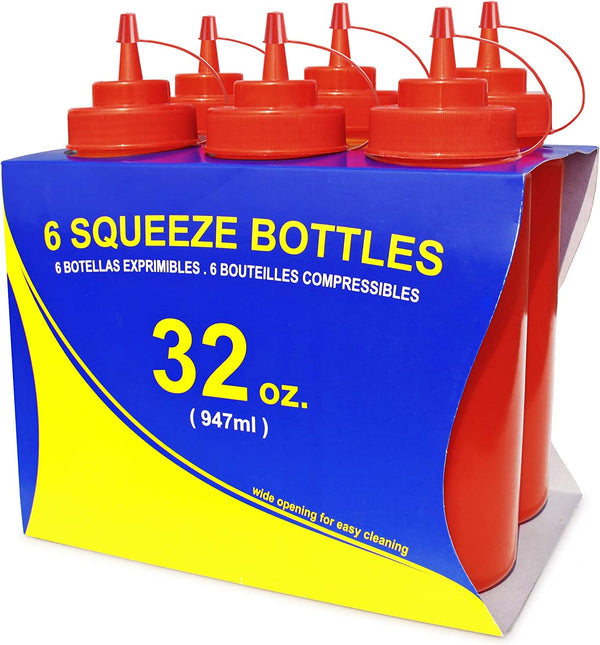 New Star Foodservice 26436 Squeeze Bottles, Plastic, Wide Mouth, 32 oz, Red, Pack of 6