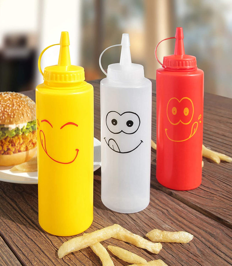 New Star Foodservice 28560 Smiley Faces Squeeze Bottle Set, Plastic, Red, Yellow, and Clear, 12 oz