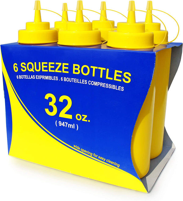New Star Foodservice 26610 Plastic Squeeze Bottles with caps, Wide Mouth, 32 oz, Yellow, Pack of 6