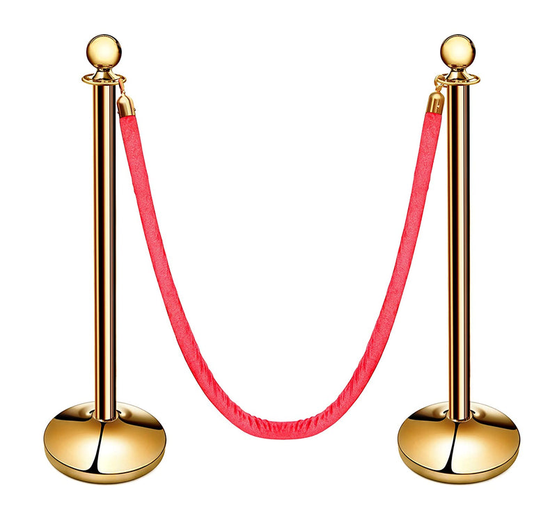New Star Foodservice 54736 Round Top Brass Plated Stanchions, Set of 2 Posts with 1 of 79.5-Inch Red Velvet Rope