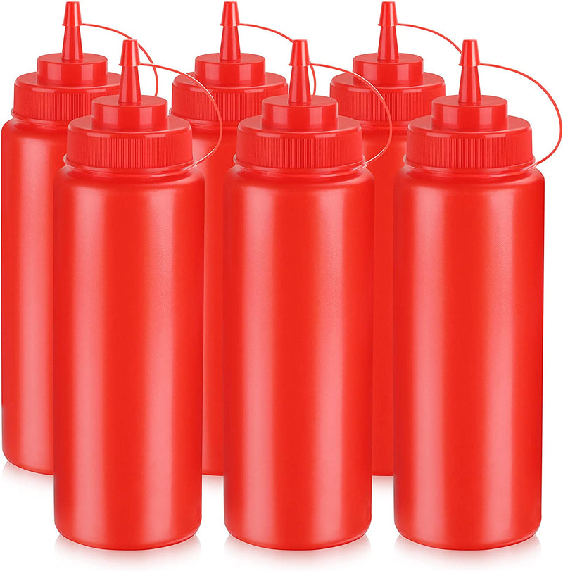 New Star Foodservice 26436 Squeeze Bottles, Plastic, Wide Mouth, 32 oz, Red, Pack of 6