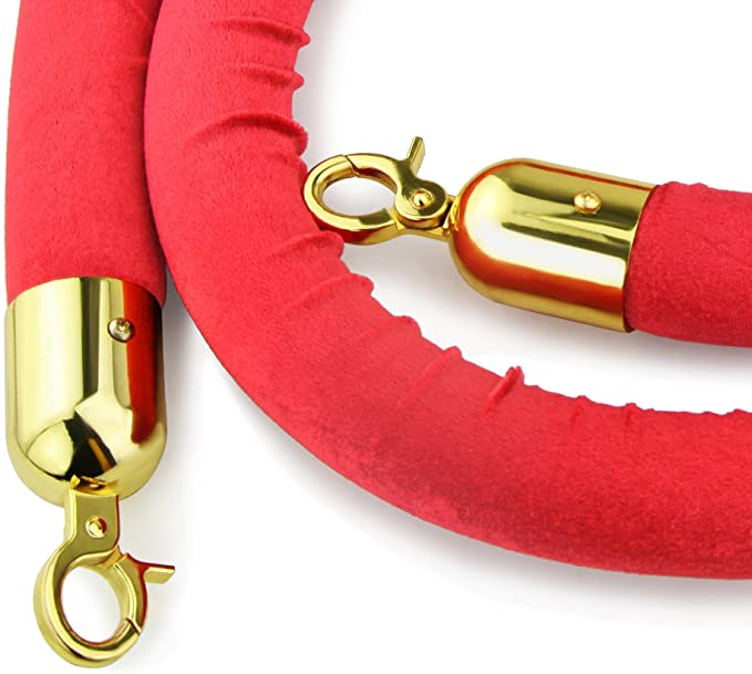 New Star Foodservice 54750 Red Velvet Stanchion Rope with Gold Color Plated Hooks, 79.5-Inch, Set of 2