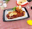 New Star Foodservice 26672 Rectangular Stainless Steel Sizzling Platter with Insulated Holder, 11" x 7.25", Black