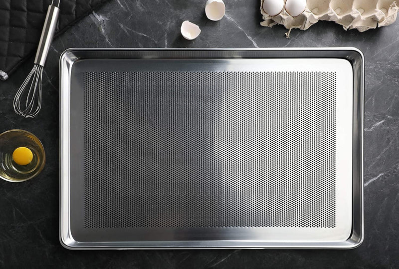 New Star Foodservice 36770 Commercial-Grade 18-Gauge Aluminum Sheet Pan/Bun Pan, Perforated 18" L x 26" W x 1" H (Full Size) | Measure Oven (Recommended)