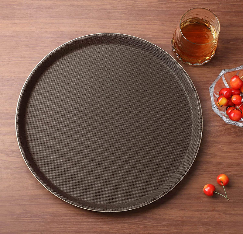 New Star Foodservice 25064 Restaurant Grade Non-Slip Tray, Plastic, Rubber Lined, Round, 14-Inch, Brown